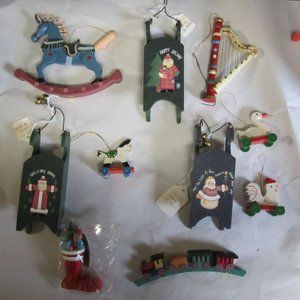 SET OF 10 WOODEN CHRISTMAS ORNAMENTS, SOME VTG, ALL CUTE HAND PAINTED